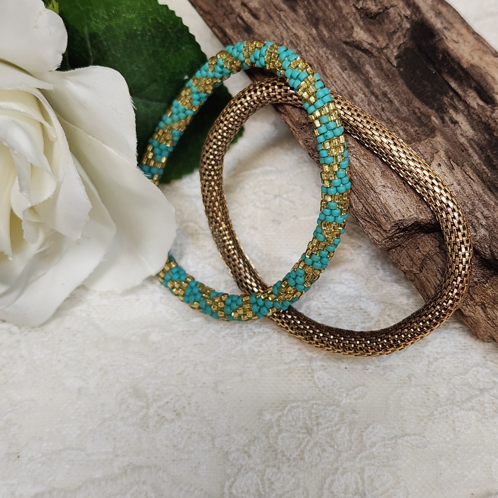 Elegant Gold Toned and Faux Turquoise Beaded Roll-on Bracelets